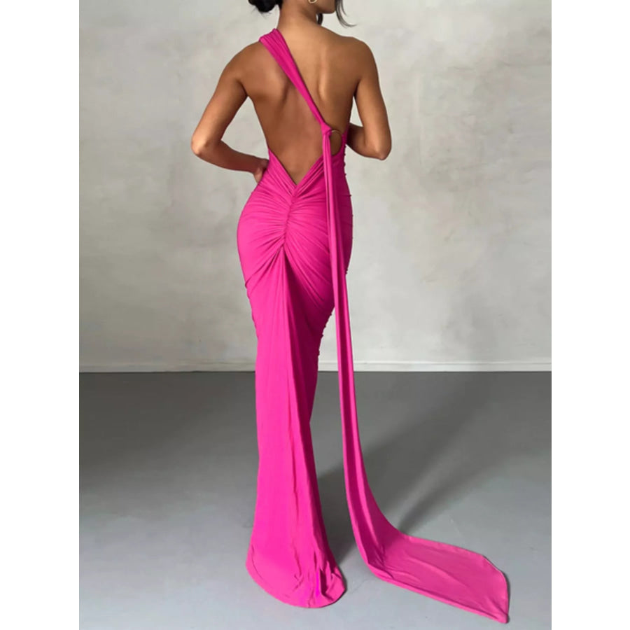 Backless One-Shoulder Ruched Bodycon Maxi Dress Apparel and Accessories