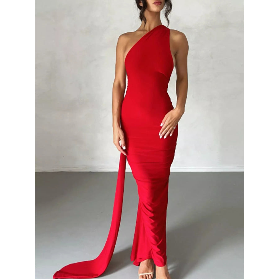 Backless One-Shoulder Ruched Bodycon Maxi Dress Apparel and Accessories