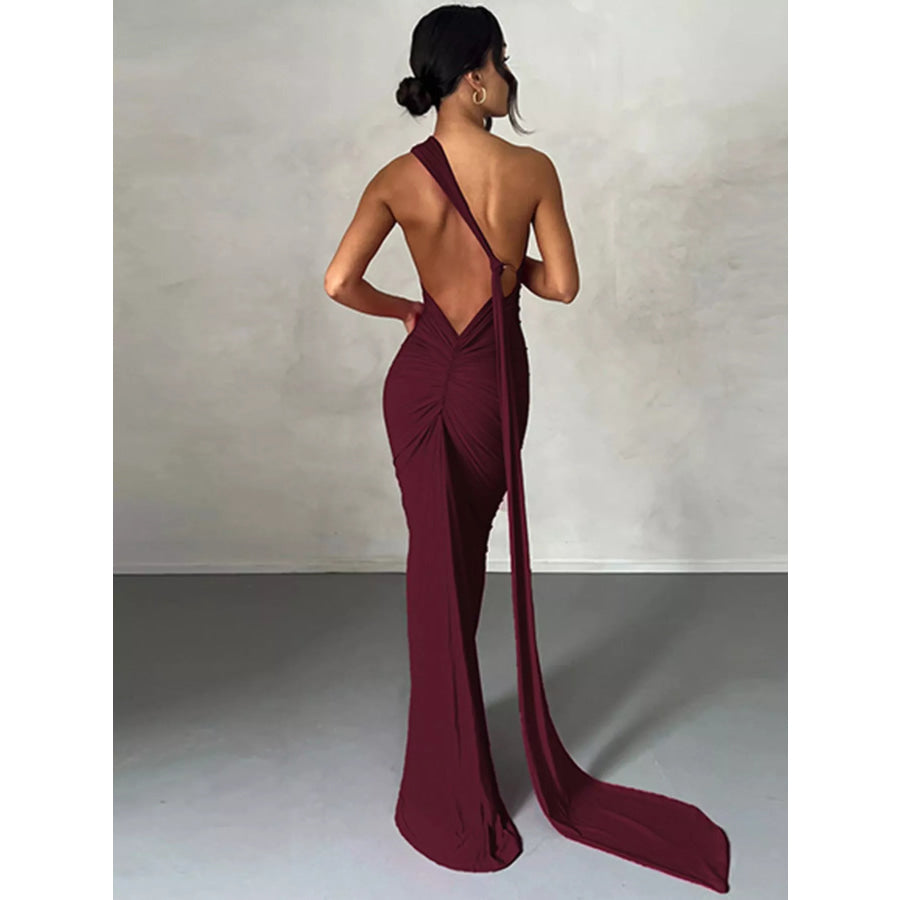 Backless One-Shoulder Ruched Bodycon Maxi Dress Apparel and Accessories