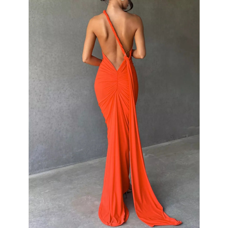 Backless One-Shoulder Ruched Bodycon Maxi Dress Apparel and Accessories