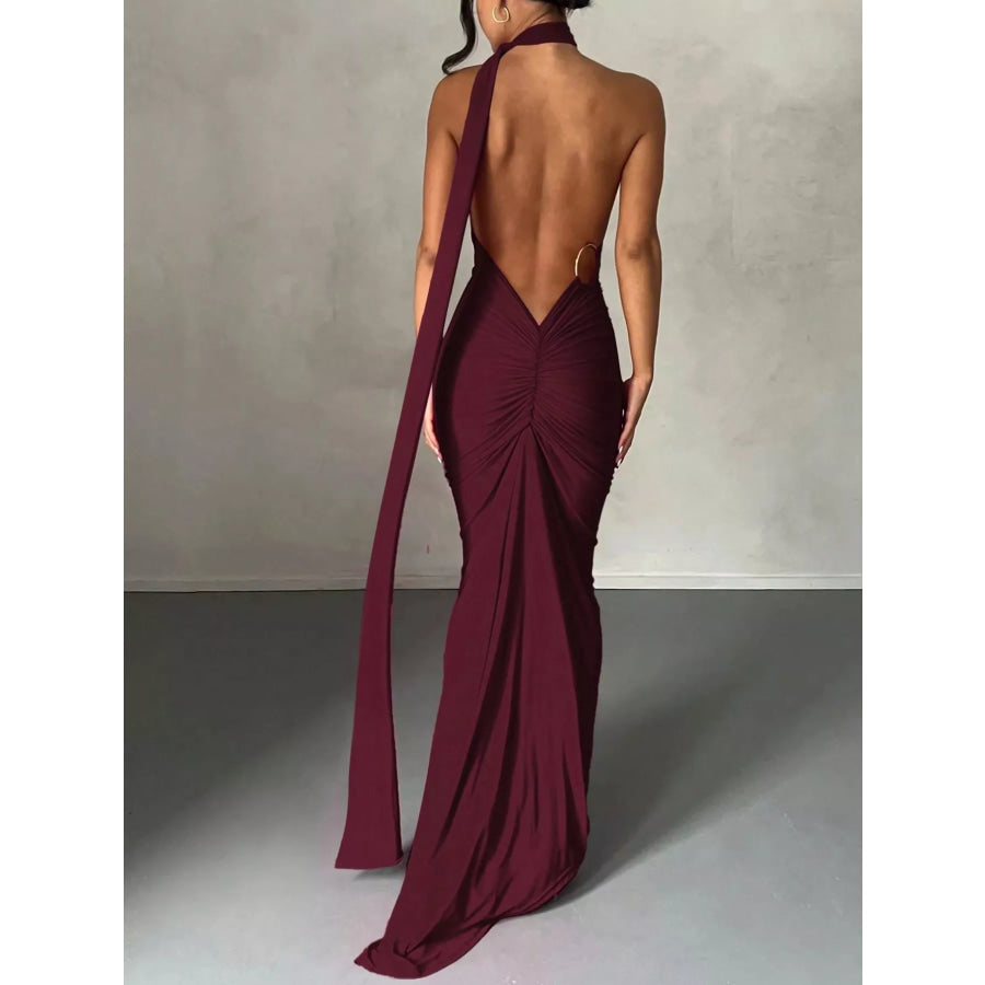 Backless One-Shoulder Ruched Bodycon Maxi Dress Apparel and Accessories