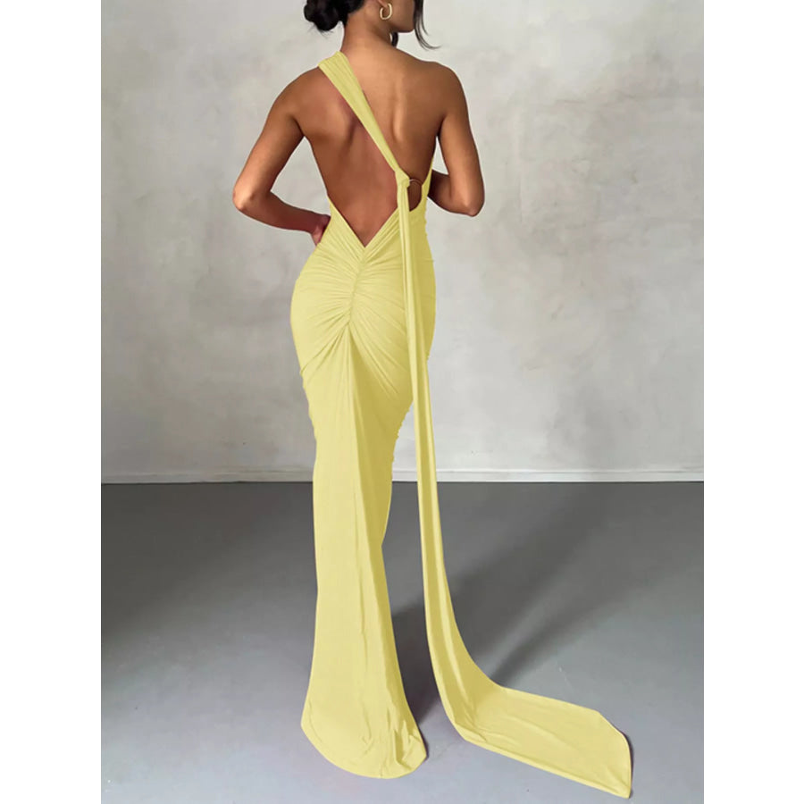 Backless One-Shoulder Ruched Bodycon Maxi Dress Apparel and Accessories