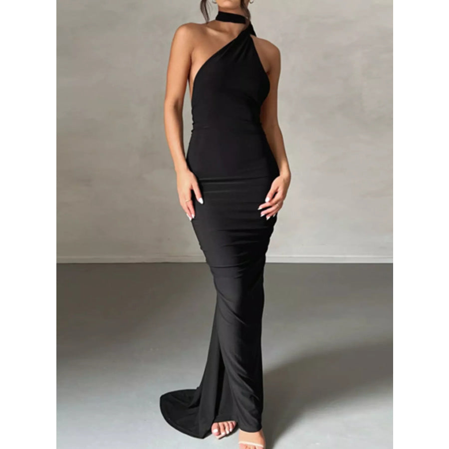 Backless One-Shoulder Ruched Bodycon Maxi Dress Black / S Apparel and Accessories