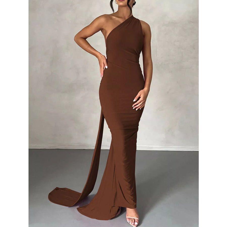 Backless One-Shoulder Ruched Bodycon Maxi Dress Brown / S Apparel and Accessories