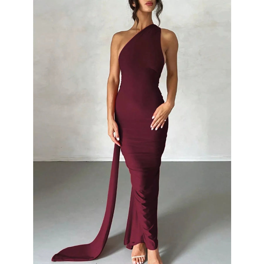 Backless One-Shoulder Ruched Bodycon Maxi Dress Burgundy / S Apparel and Accessories