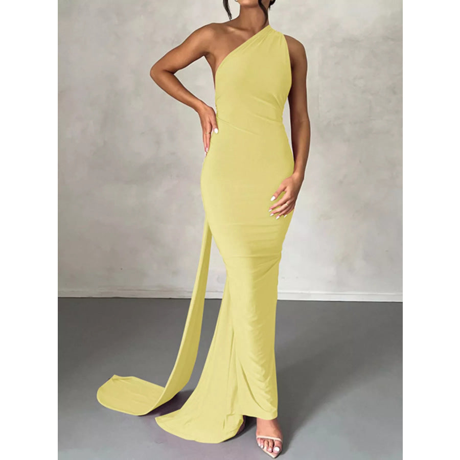 Backless One-Shoulder Ruched Bodycon Maxi Dress Light Yellow / S Apparel and Accessories