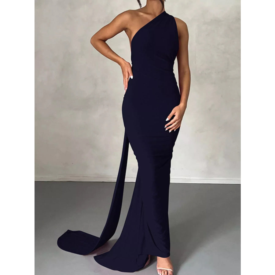 Backless One-Shoulder Ruched Bodycon Maxi Dress Navy Blue / S Apparel and Accessories