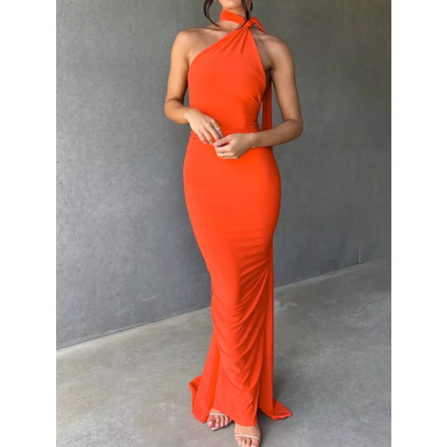 Backless One-Shoulder Ruched Bodycon Maxi Dress Orange / S Apparel and Accessories