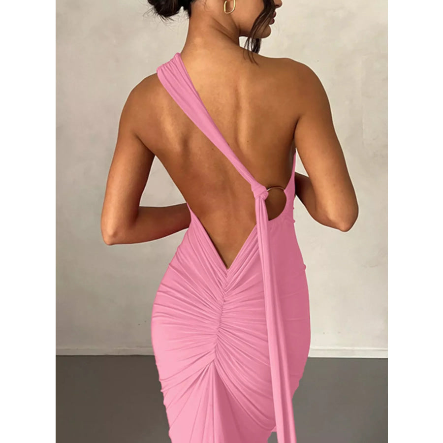 Backless One-Shoulder Ruched Bodycon Maxi Dress Pink / S Apparel and Accessories