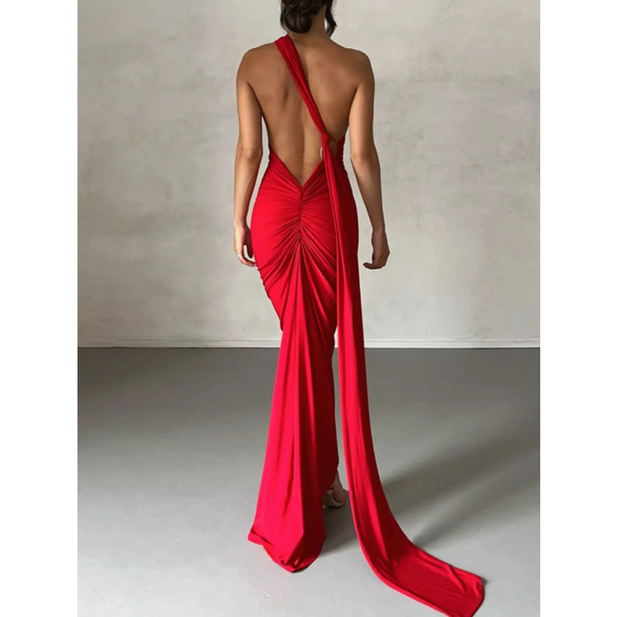 Backless One-Shoulder Ruched Bodycon Maxi Dress Red / S Apparel and Accessories