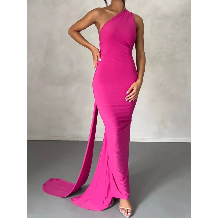 Backless One-Shoulder Ruched Bodycon Maxi Dress Rose Red / S Apparel and Accessories