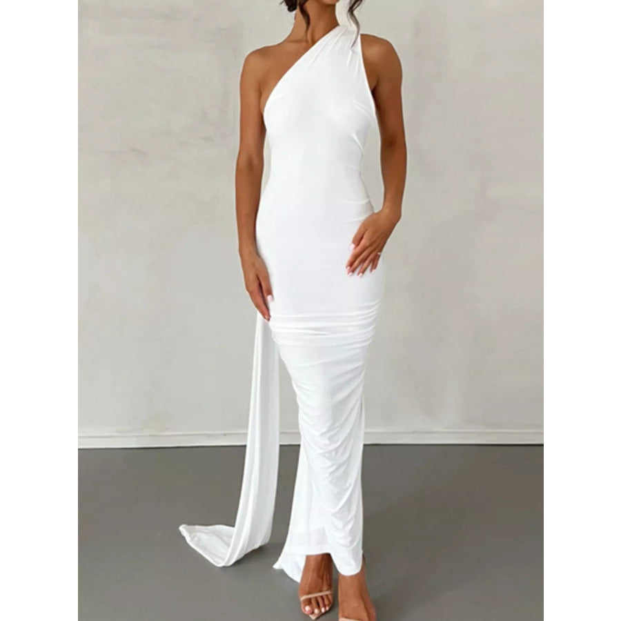 Backless One-Shoulder Ruched Bodycon Maxi Dress White / S Apparel and Accessories