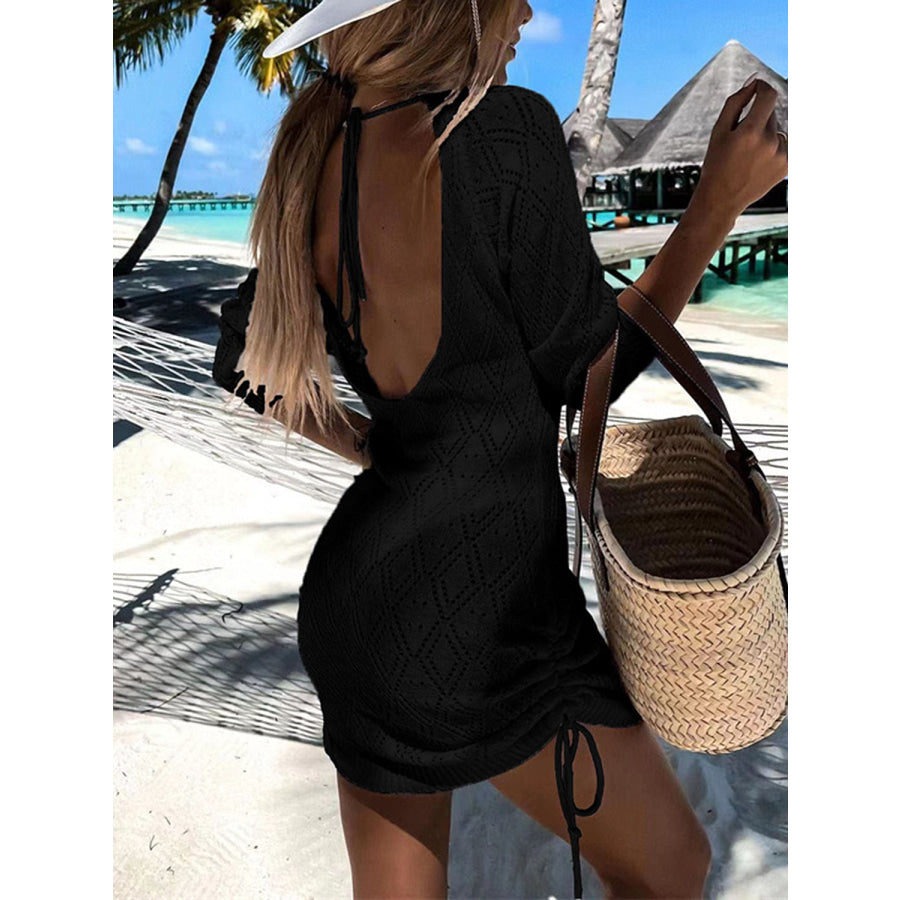 Backless Openwork Drawstring Round Neck Cover Up Apparel and Accessories