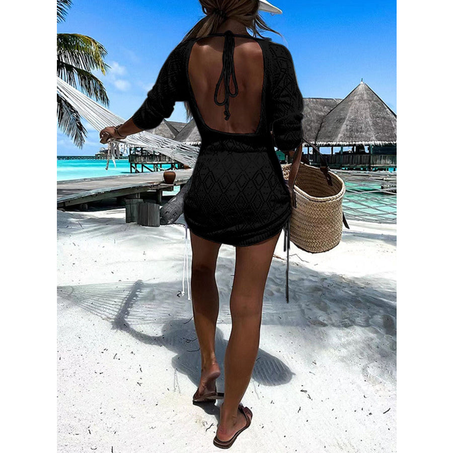 Backless Openwork Drawstring Round Neck Cover Up Apparel and Accessories
