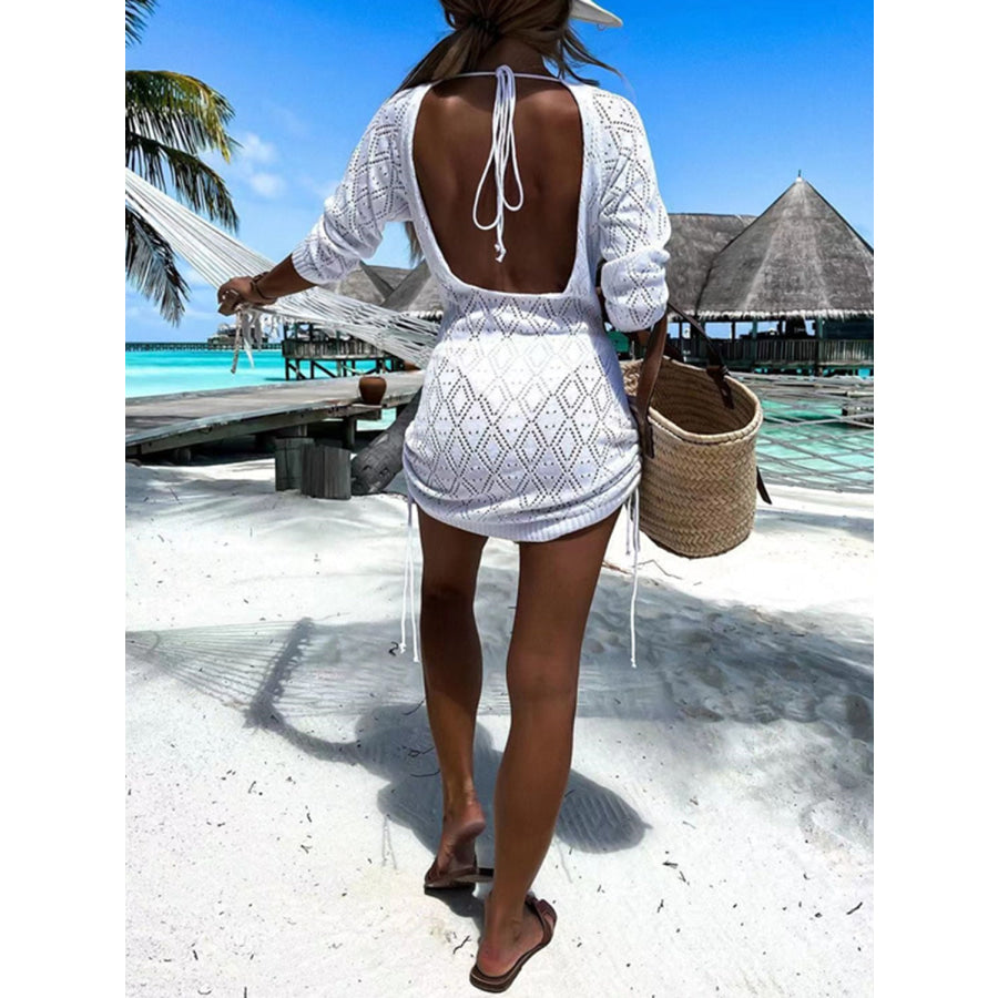 Backless Openwork Drawstring Round Neck Cover Up Apparel and Accessories