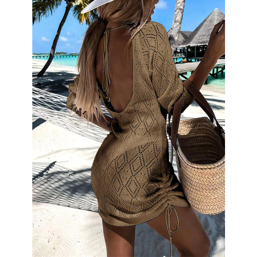 Backless Openwork Drawstring Round Neck Cover Up Apparel and Accessories