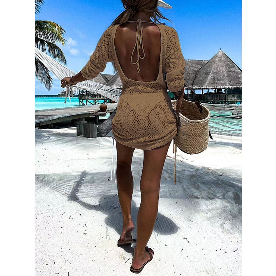 Backless Openwork Drawstring Round Neck Cover Up Apparel and Accessories