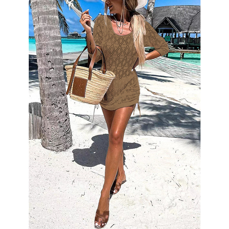 Backless Openwork Drawstring Round Neck Cover Up Camel / S Apparel and Accessories