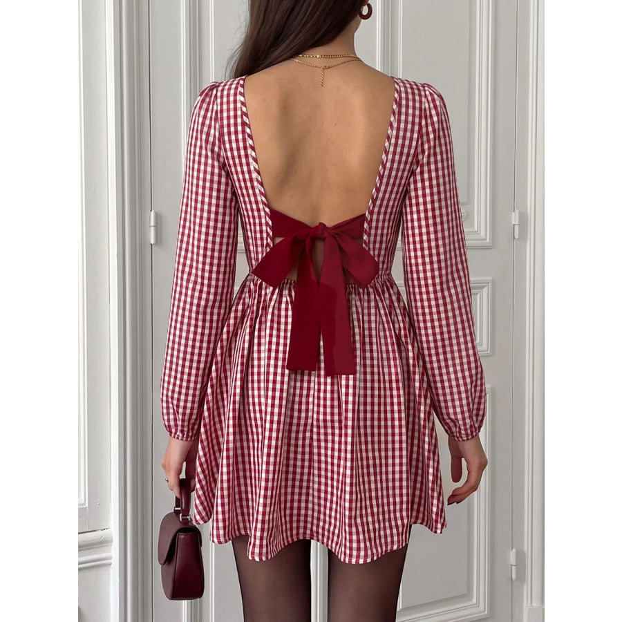 Backless Plaid Long Sleeve Dress Apparel and Accessories