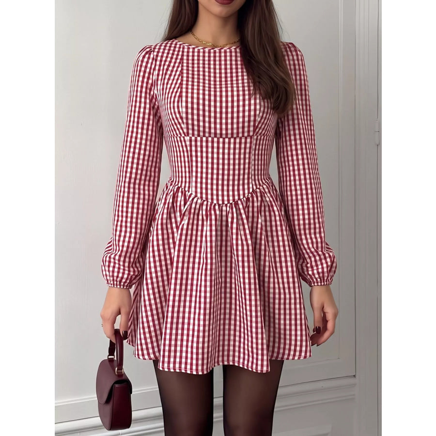 Backless Plaid Long Sleeve Dress Apparel and Accessories