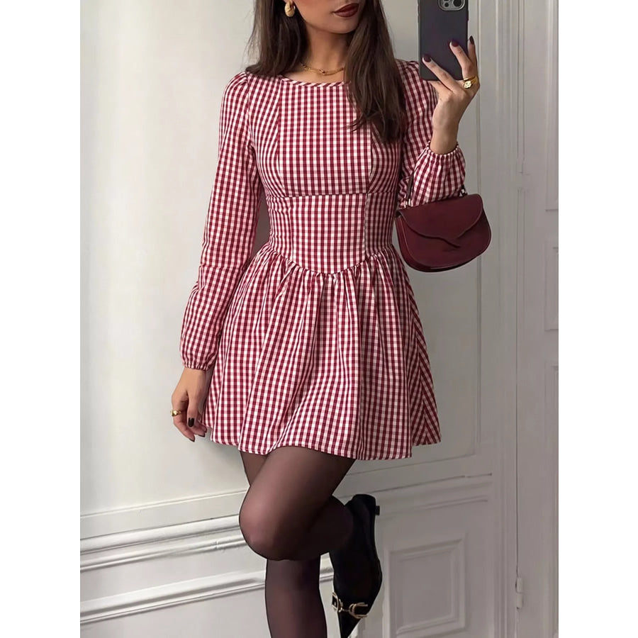 Backless Plaid Long Sleeve Dress Apparel and Accessories