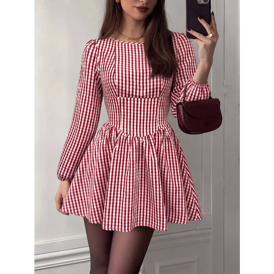 Backless Plaid Long Sleeve Dress Apparel and Accessories
