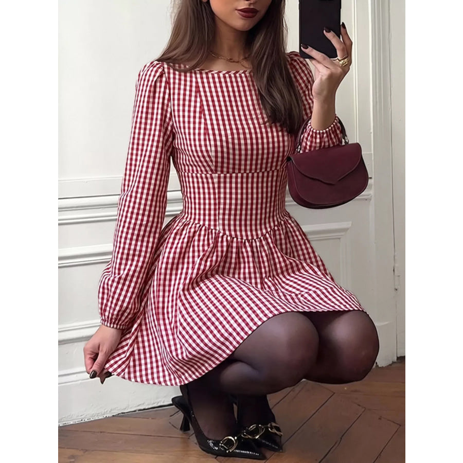 Backless Plaid Long Sleeve Dress Apparel and Accessories