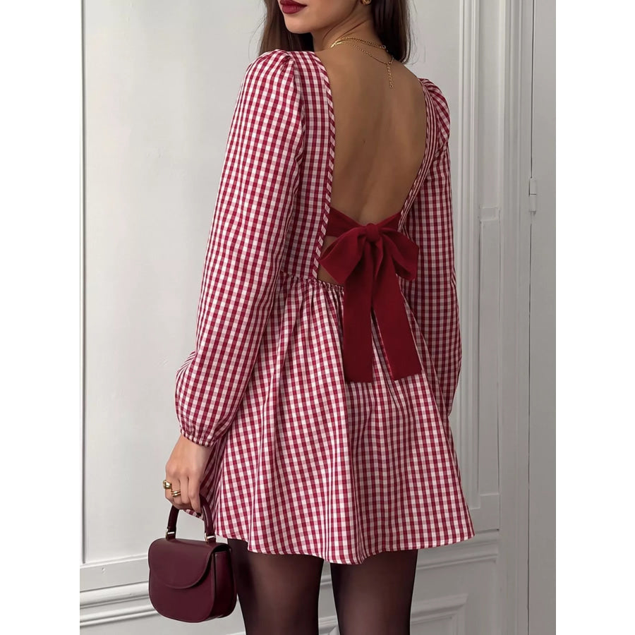 Backless Plaid Long Sleeve Dress Red / S Apparel and Accessories