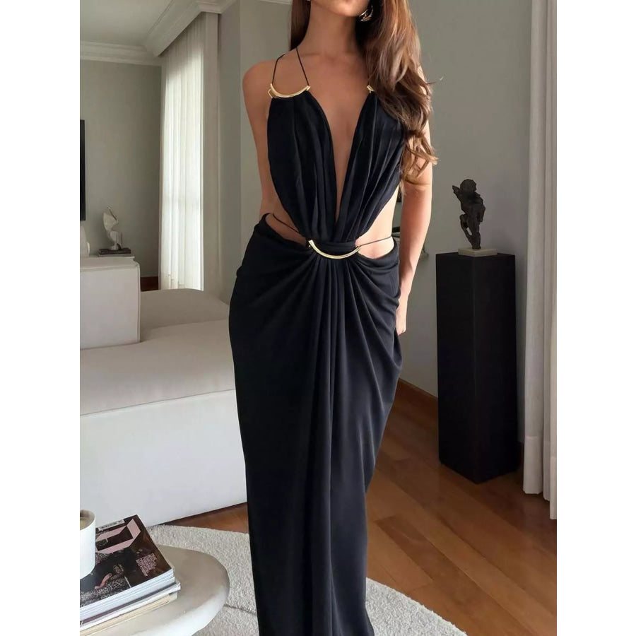 Backless Plunge Cut-Out Maxi Dress Black / S Apparel and Accessories