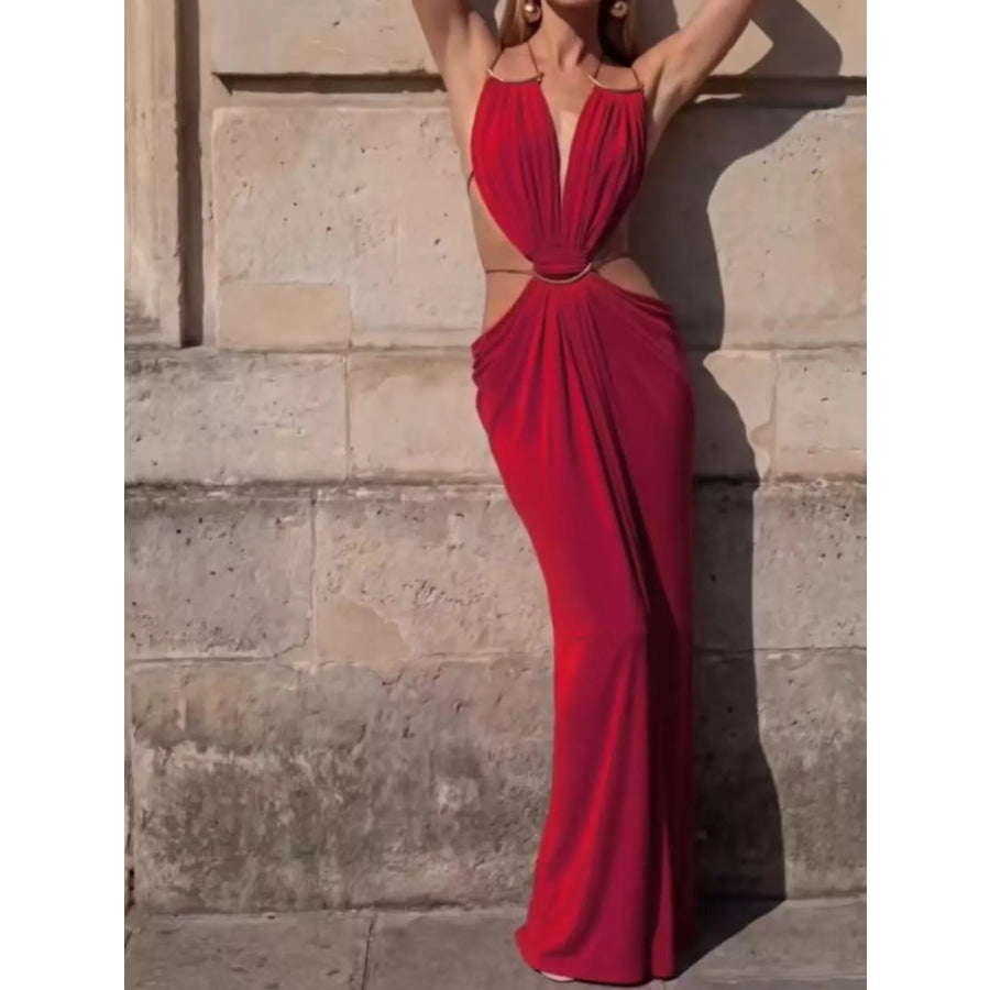 Backless Plunge Cut-Out Maxi Dress Red / S Apparel and Accessories