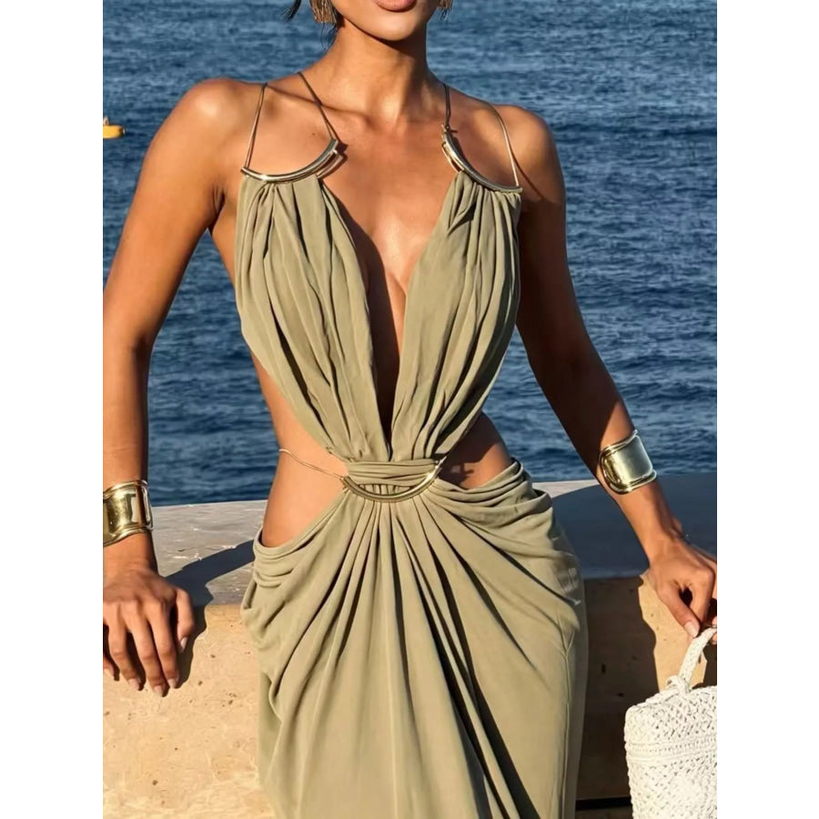 Backless Plunge Cut-Out Maxi Dress Sage / S Apparel and Accessories