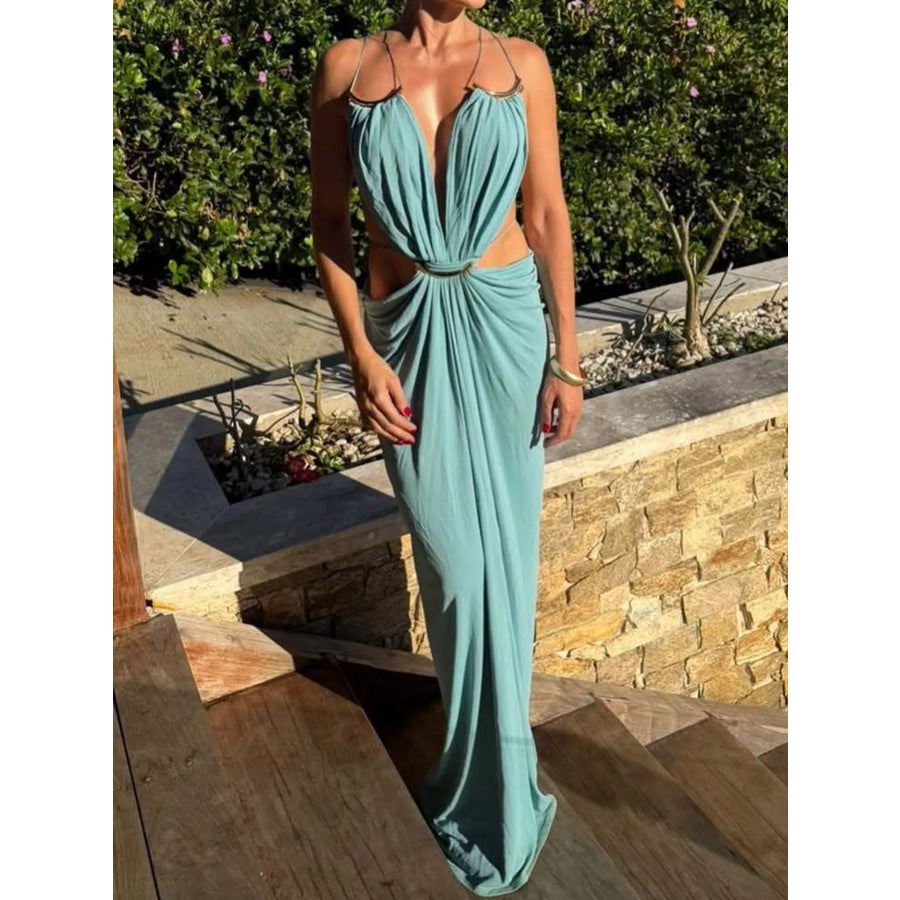 Backless Plunge Cut-Out Maxi Dress Teal / S Apparel and Accessories