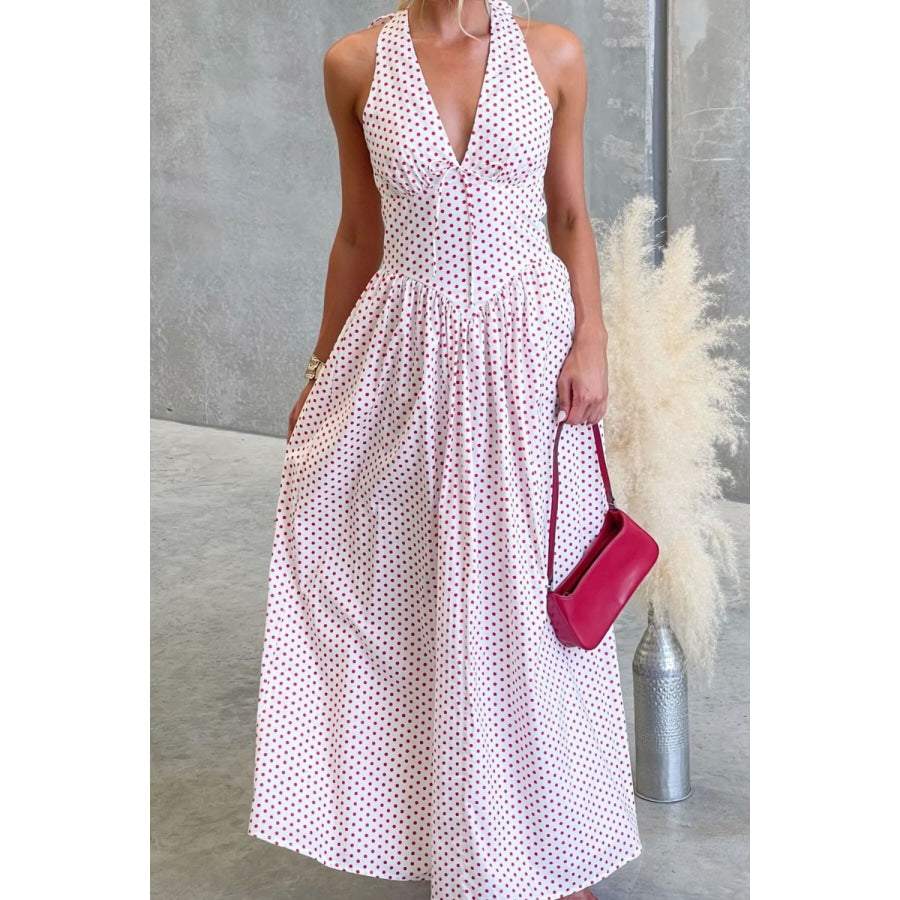 Backless Polka Dot Halter Neck Maxi Dress Apparel and Accessories