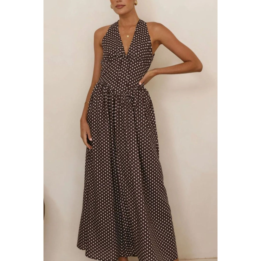 Backless Polka Dot Halter Neck Maxi Dress Apparel and Accessories
