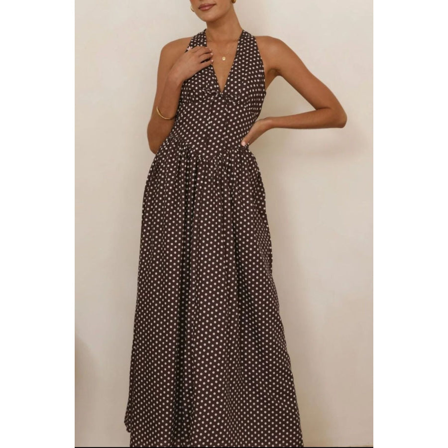 Backless Polka Dot Halter Neck Maxi Dress Apparel and Accessories