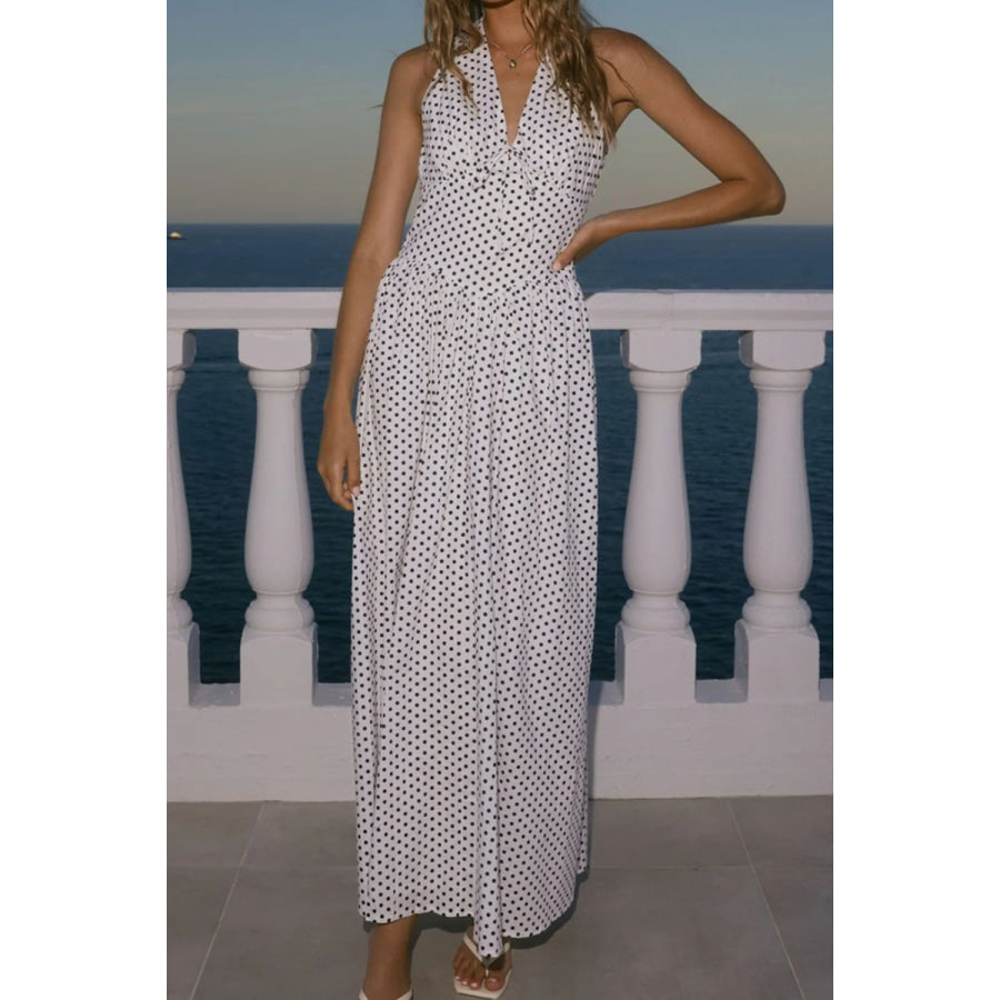 Backless Polka Dot Halter Neck Maxi Dress Apparel and Accessories