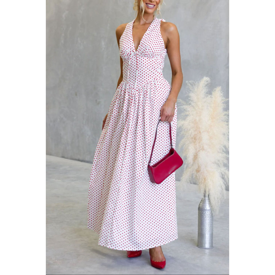 Backless Polka Dot Halter Neck Maxi Dress Apparel and Accessories