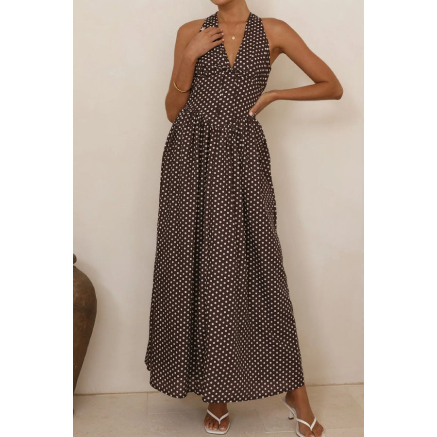 Backless Polka Dot Halter Neck Maxi Dress Dark Brown / S Apparel and Accessories