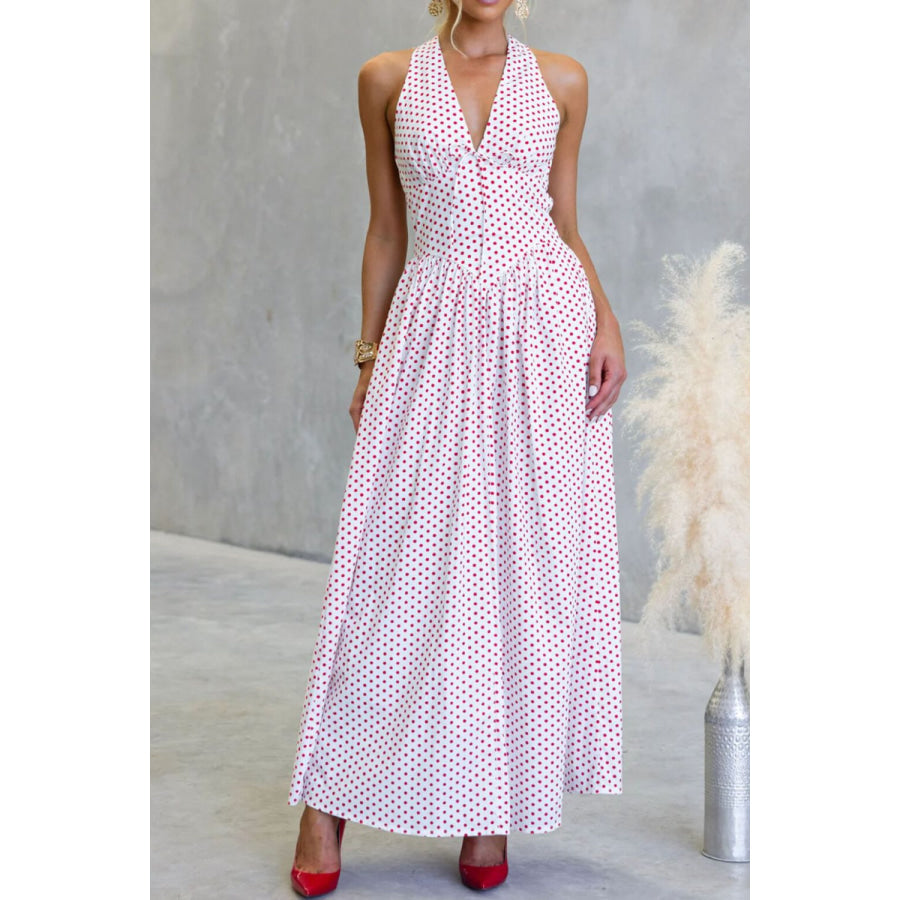 Backless Polka Dot Halter Neck Maxi Dress Pink / S Apparel and Accessories