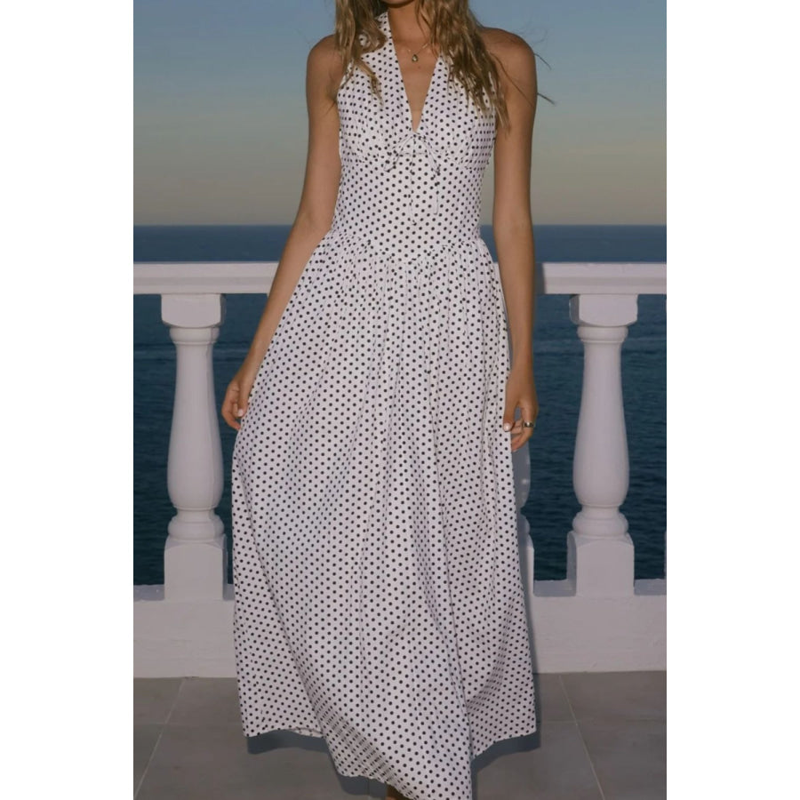 Backless Polka Dot Halter Neck Maxi Dress White / S Apparel and Accessories