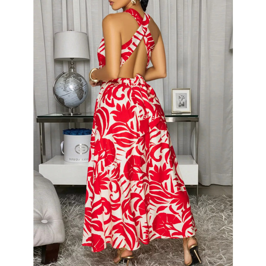 Backless Printed Sleeveless Maxi Dress Apparel and Accessories