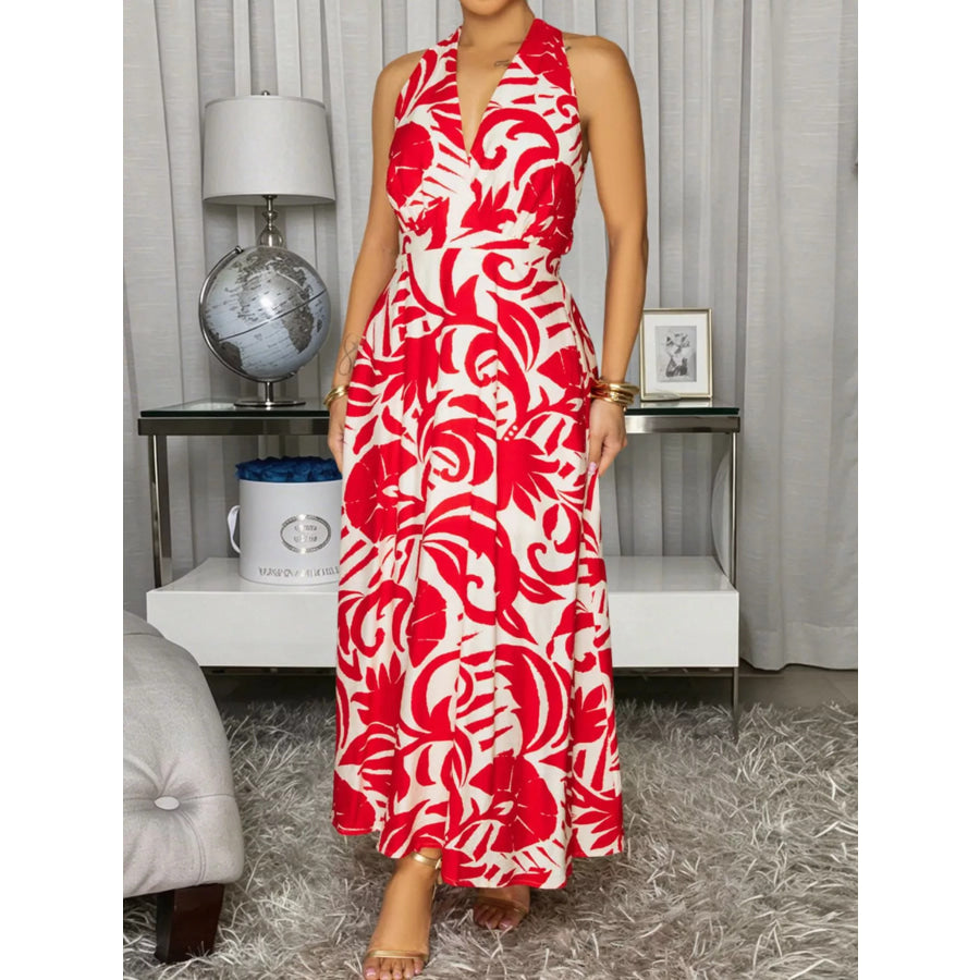 Backless Printed Sleeveless Maxi Dress Red / S Apparel and Accessories