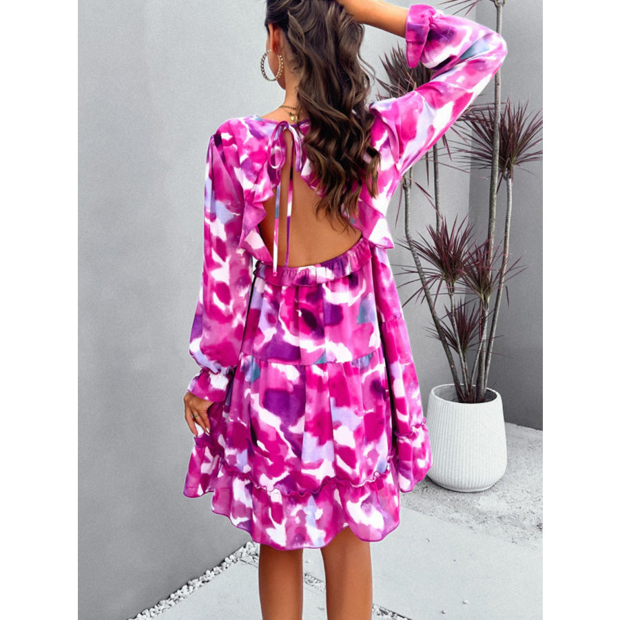 Backless Printed V-Neck Flounce Sleeve Dress Apparel and Accessories