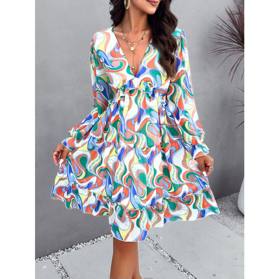 Backless Printed V-Neck Flounce Sleeve Dress Apparel and Accessories