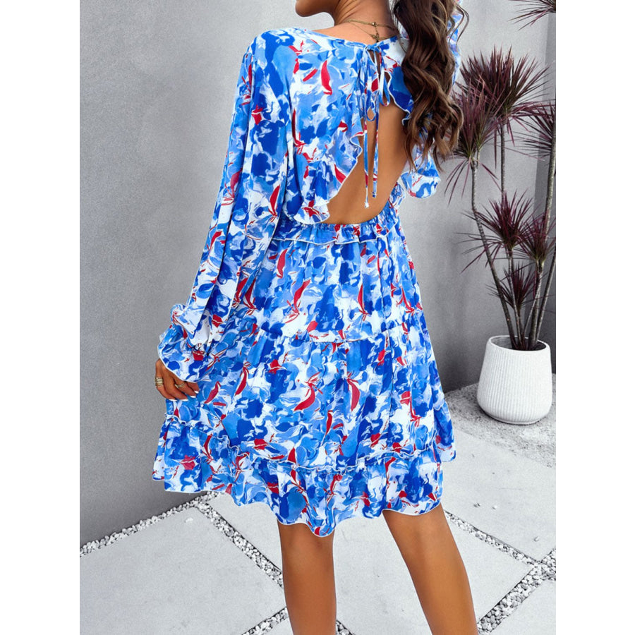 Backless Printed V-Neck Flounce Sleeve Dress Apparel and Accessories