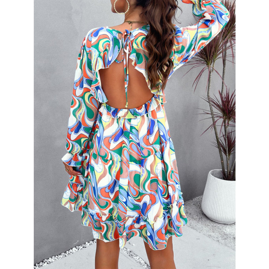 Backless Printed V-Neck Flounce Sleeve Dress Apparel and Accessories