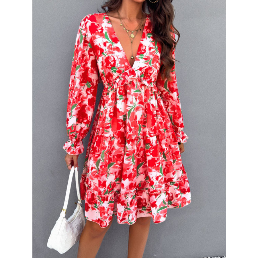 Backless Printed V-Neck Flounce Sleeve Dress Apparel and Accessories