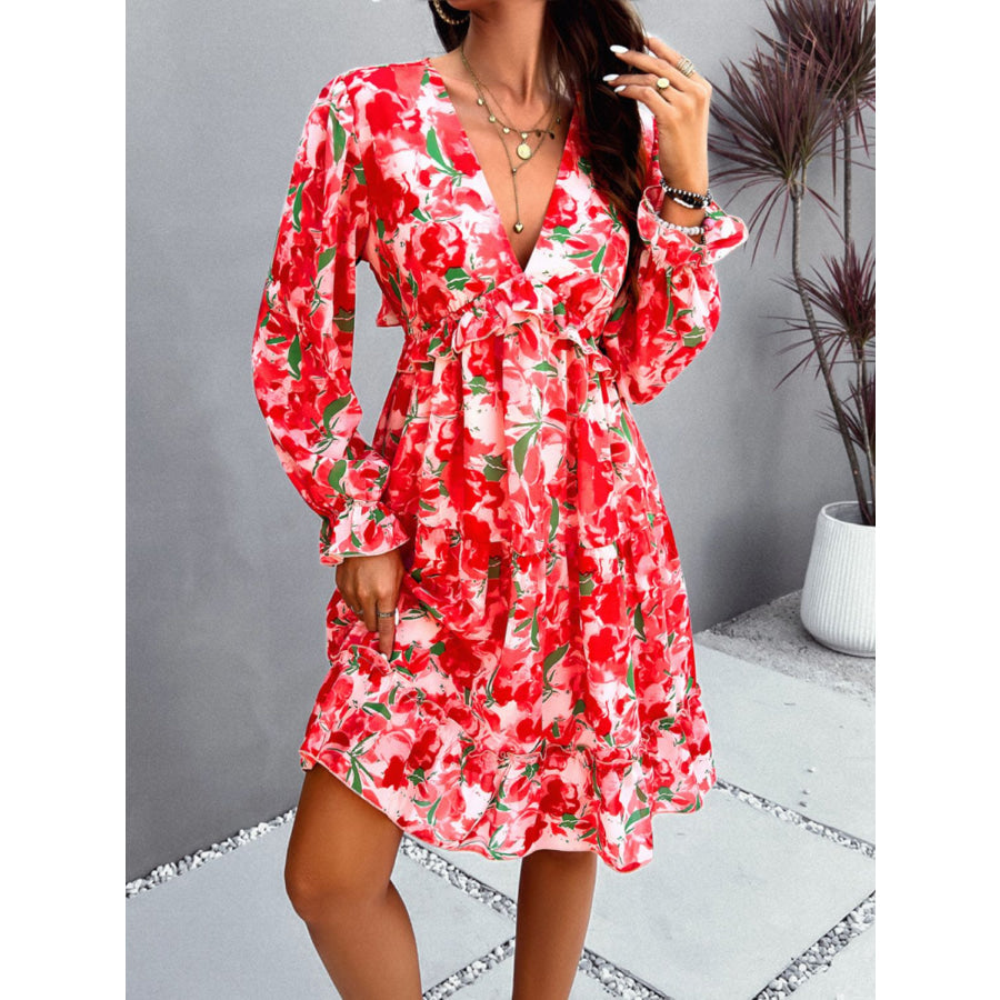 Backless Printed V-Neck Flounce Sleeve Dress Apparel and Accessories