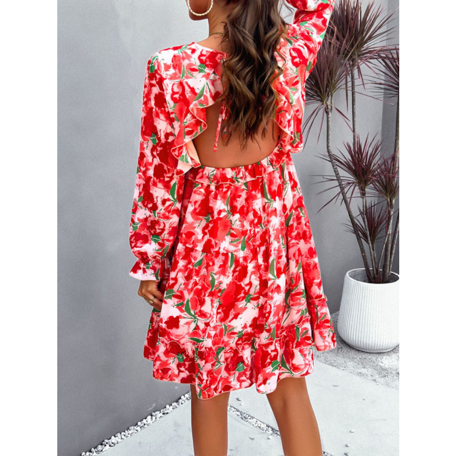 Backless Printed V-Neck Flounce Sleeve Dress Apparel and Accessories