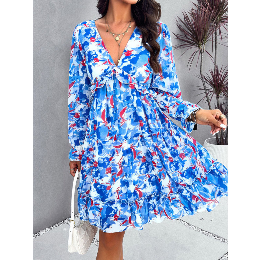 Backless Printed V-Neck Flounce Sleeve Dress Blue / S Apparel and Accessories